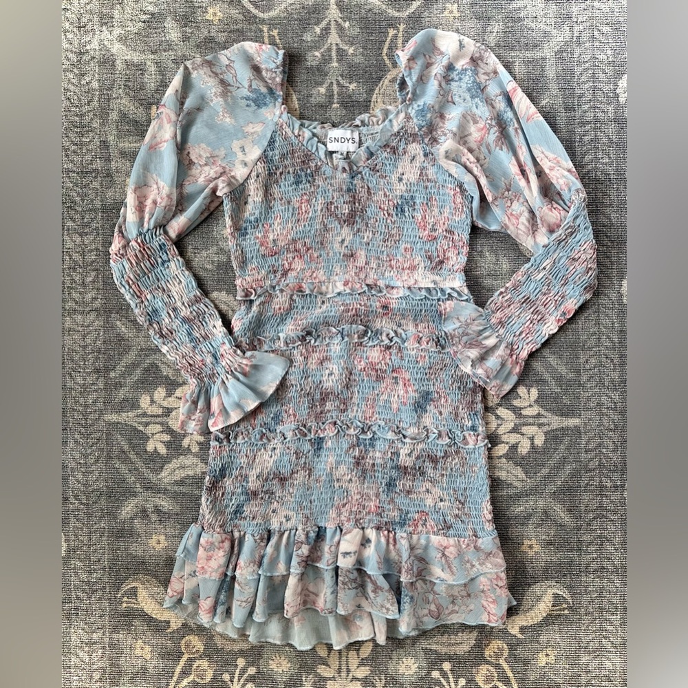 SNDYS Floral Ruched Smocked Ruffle Bodycon Puff Sleeve Mini Dress